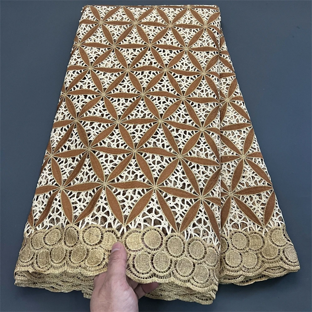 

Африканская модная хлопчатобумажная кружевная ткань, вышивка, для женщин, свадебное платье 2023, Водорастворимая, белая, хлопчатобумажная ткань длиной 5 ярдов