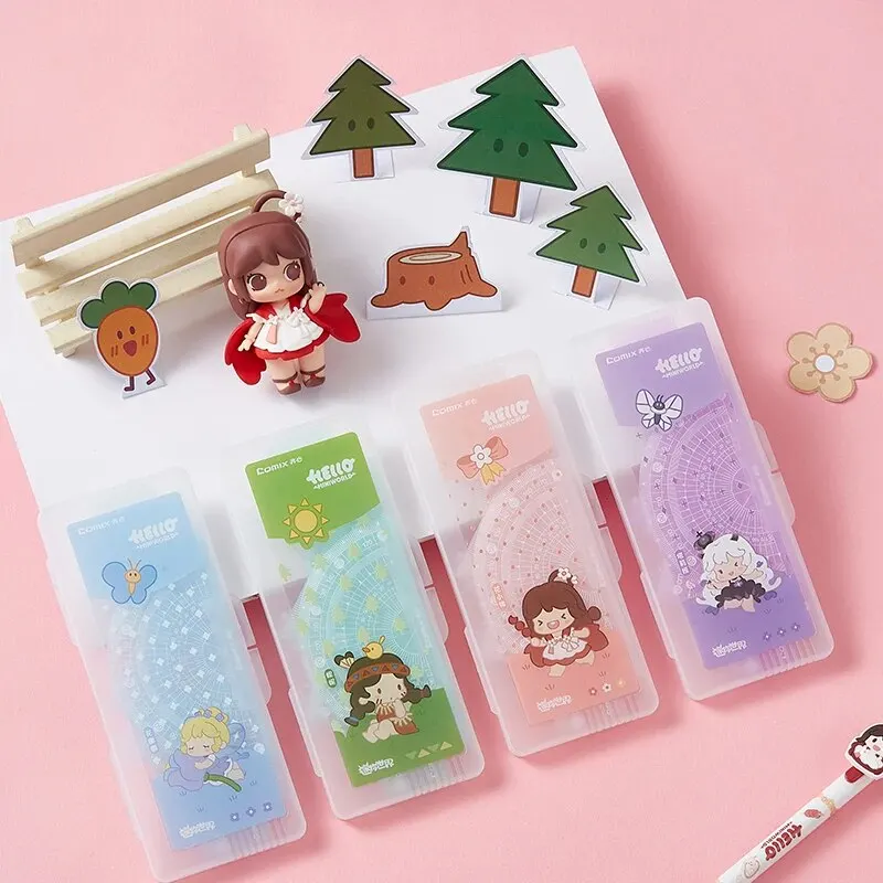 Comix Student Wave Ruler Set Cute Cartoon Plastic Ruler 15cm Right Angle Triangle Compass Triangle Student Stationery Set