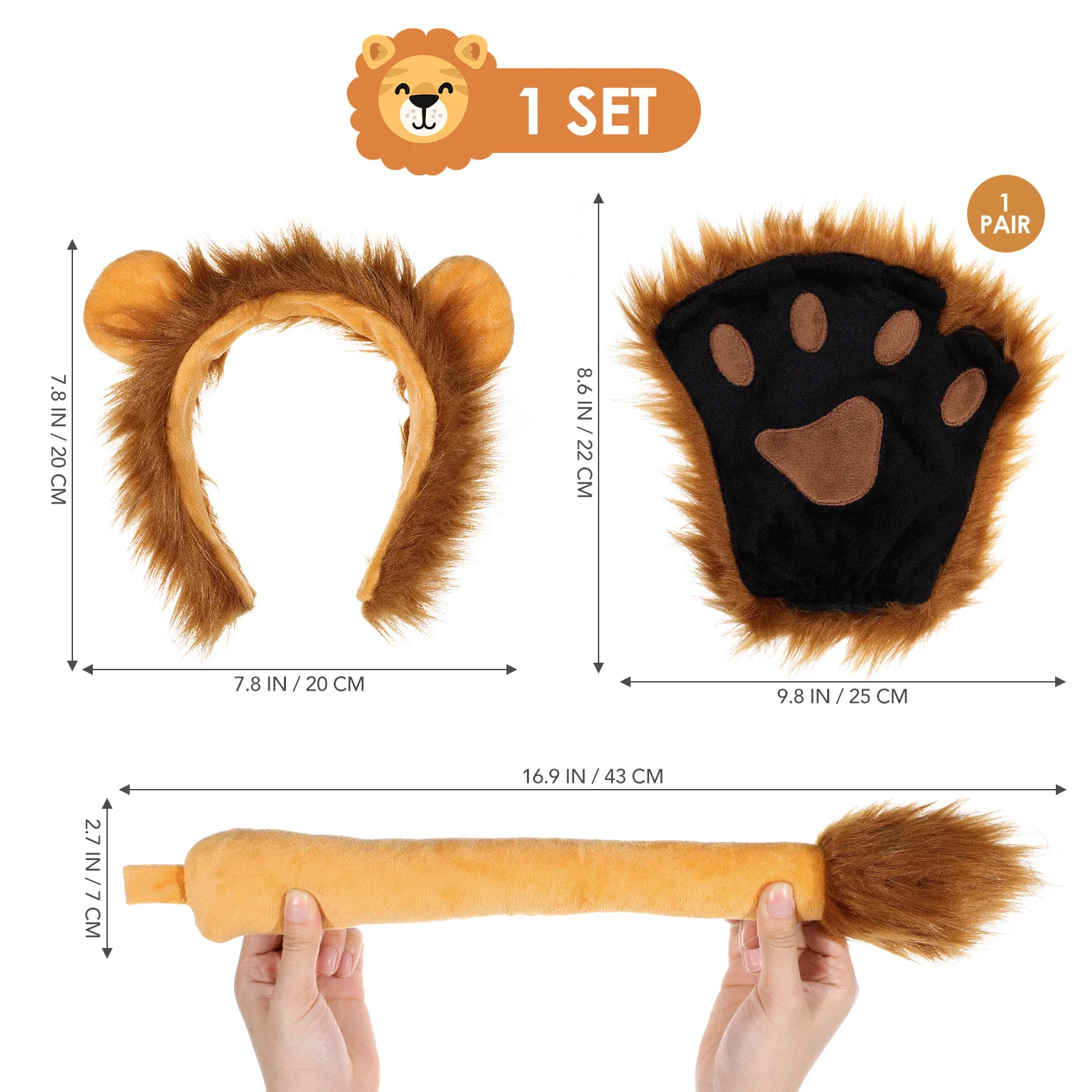 3Pcs Lion Ears Headband Fingerless Gloves Tail Set Halloween Costume Animal Cosplay Accessory Headwear Role Play Props