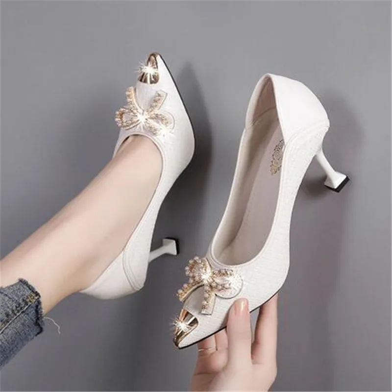 White Shoes Striped Plaid Pointed Toe Stiletto Bow Fashion Pure Desire Nightclub Professional Wear Rhinestone High-heeled 5-7cm