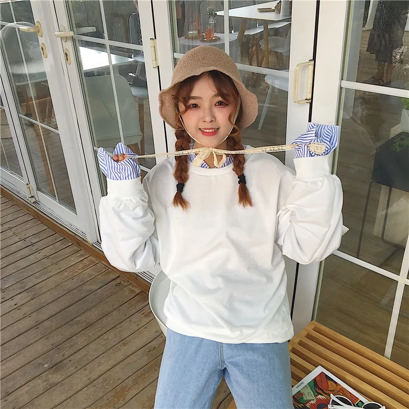 Fake Two-piece Long-sleeved Sweatshirts Women Striped Patchwork O-neck Korean Style Fashion Casual Daily Basic Pullover Female
