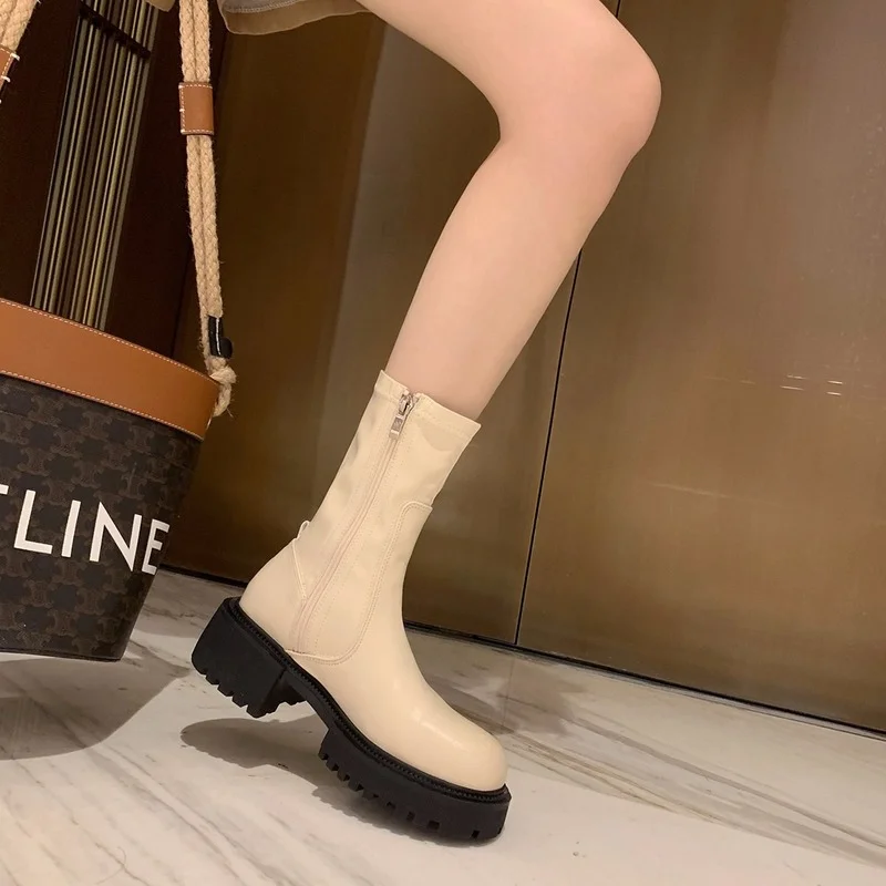 Thick Sole Women Ankle Boots Fashion Square Toe Heel Zipper Ladies Flat Heel Short Boots High Quality Autumn Women's Boots Shoes