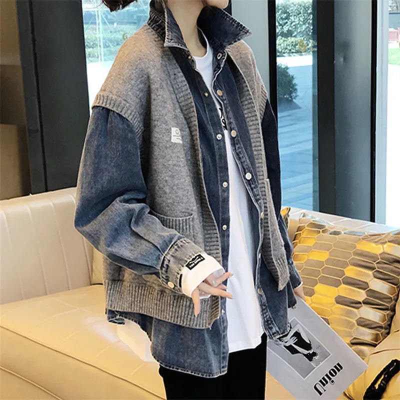 

Korean Fashion Cowboy Splicingsweater Women's Clothing False two-piece new autumn and winter loose knitted Cardigan coat tops