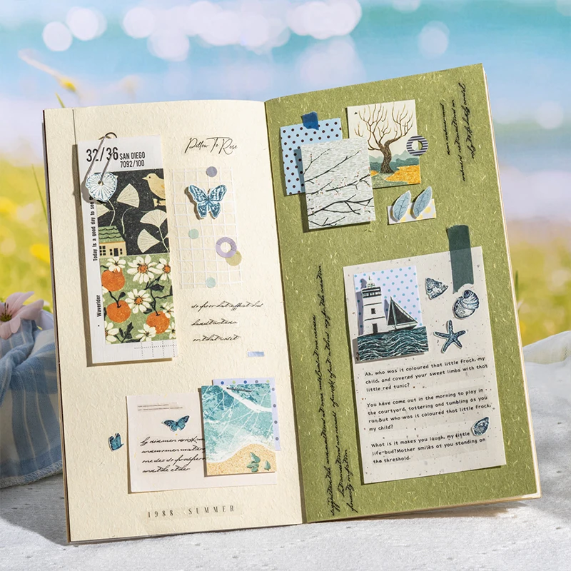 저널 GO 50페이지 사계절 꽃무늬 스티커북 미적 감각 INS 디자인 DIY 저널 스크랩북 장식 풍경 스티커