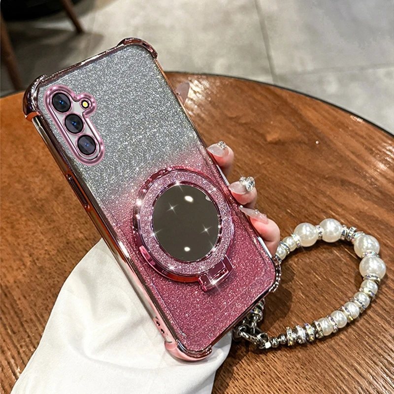 Glitter Mirror Holder Bracelet Chain Soft Shockproof Back Cover Case