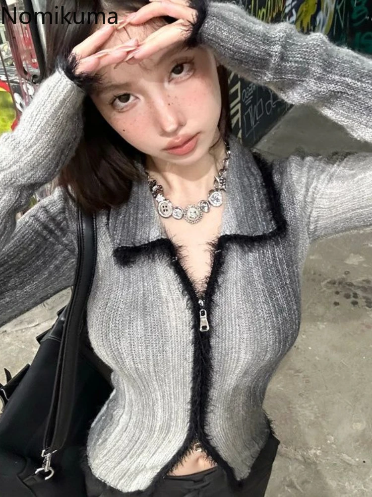 

Sueter Mujer Vintage Tunic Cropped Cardigan Jackets Women Clothing Turndown Collar Zipper Knitted Sweater Y2k Tops Pull Femme