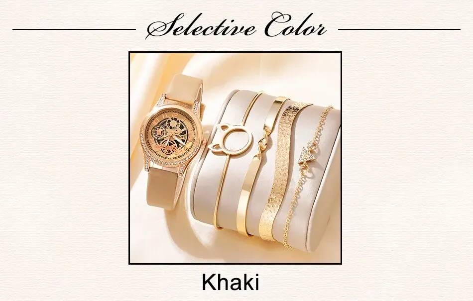 Sf8868ee37d3541e68c3d98571bb197f58 Women's Fashion Watch Casual Khaki Leather Belt Watches Ladies Rhinestone Quartz Wristwatches Bracelet Set Clock Montre Femme Mallzona