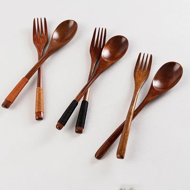 Japanese Style Natural Wooden Cutlery Set Durable Bamboo Fork Spoons Chopsticks Tableware Portable Dinnerware Kitchen Utensil