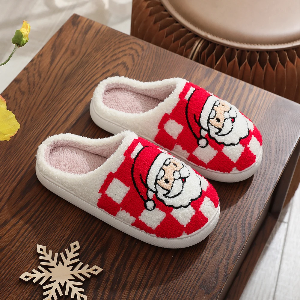 Christmas Santa Claus Slippers Plush Checkered Santa Slippers Comfortable Cute Furry Soft Couple for Men Women