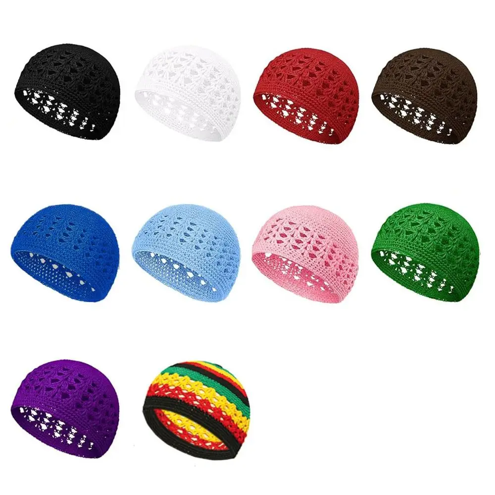 Solid Color Crochet Beanie Hats Unisex Stretchy Handmade Cotton Skull Cap Winer Warm Knitted Kufi Hat for Muslim 3