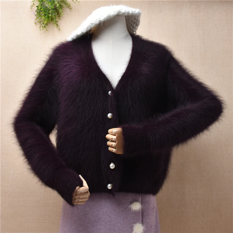 

04 Ladies Women Fall Winter Clothing Hairy Fuzzy Mink Cashmere Knitted V-Neck Long Sleeve Loose Cardigans Angora Fur Coat Jacket