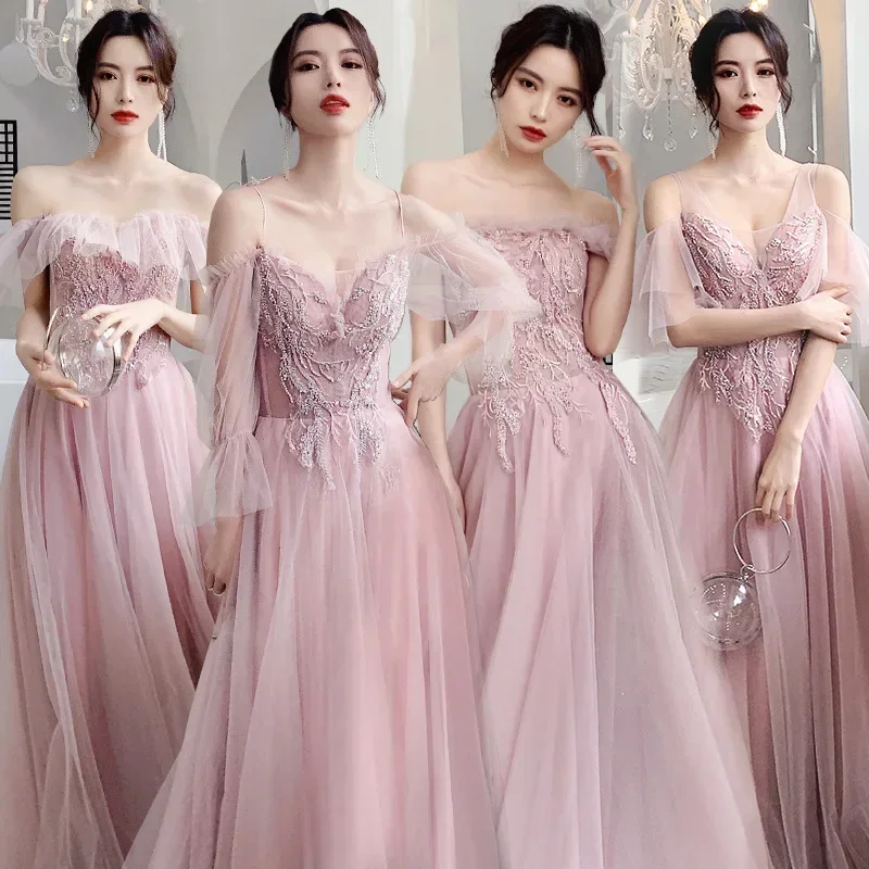 

It's Yiiya Evening Dress Pink Tulle Appliques Beads V-neck Lace up A-Line Floor length Plus size Party Formal Gown Vestidos R034