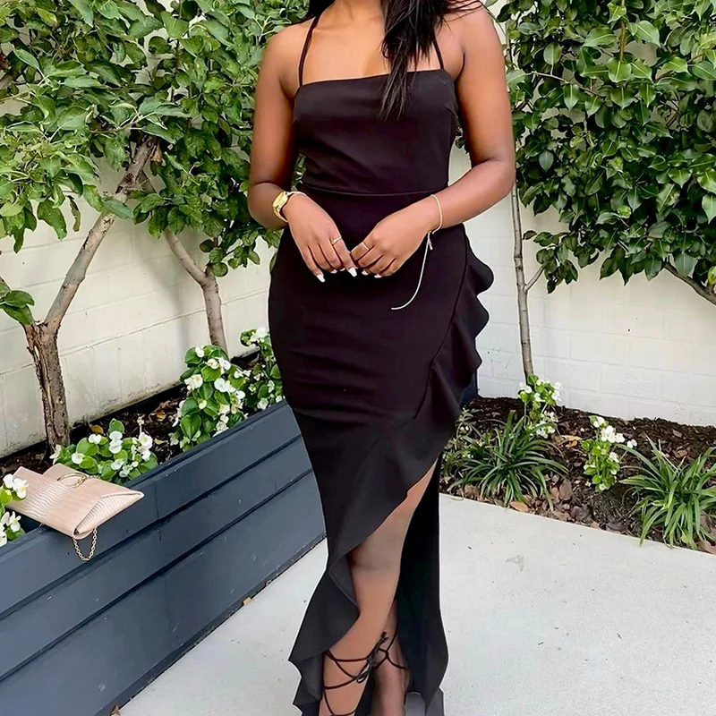 

Ladies Off-shoulder Dress Solid Color Casual Bohemian Long Dress Elegant Suspenders Slim-fit Sleeveless Party Beach Ruffle Dress