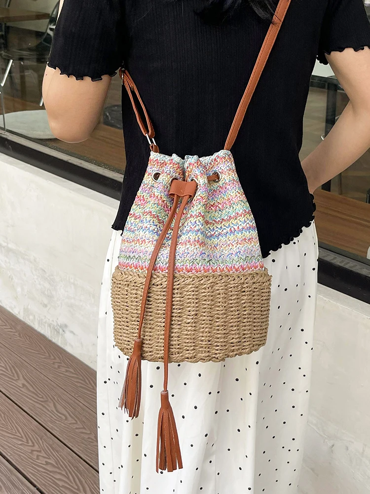 Stylish Woven Bucket Bag for Women 2024 New Simple Casual Straw Handbag with High-end Feeling Crossbody Shoulder Bag