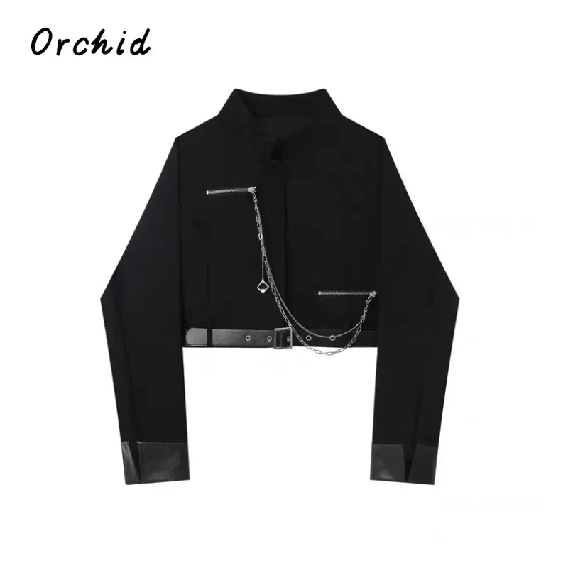 

Goth Punk Dark Cropped Coat Women Black Mock Neck Chain Decorate Jacket 2023 Spring Fall Fashion Long Sleeve Belted Design Coats