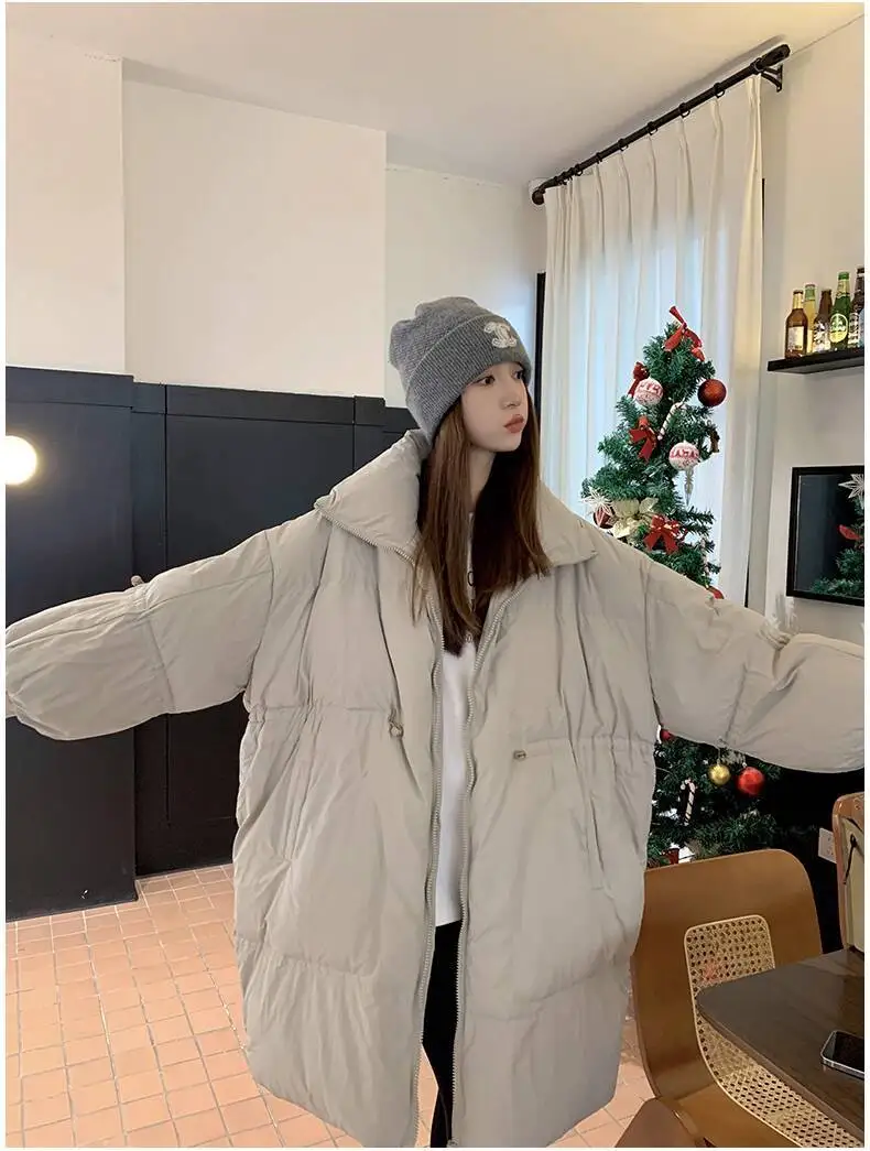 LANMREM Drawstring Waist Slimming Design Women's Long Down Jacket Lapel Loose Oversized Long Sleeve Grey Warm Jackets 2DB5955