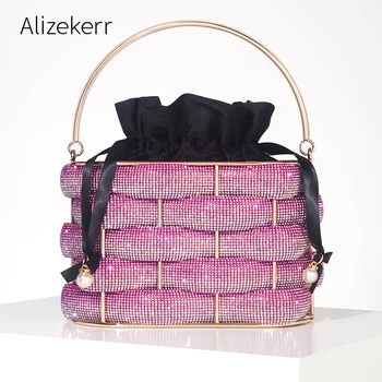 Alizekerr 우븐 라인스톤 클러치 백, 여성용 부티크 졸업, 멀티 컬러 크리스탈 할로우 아웃 금속 지갑 및 핸드백, 결혼식