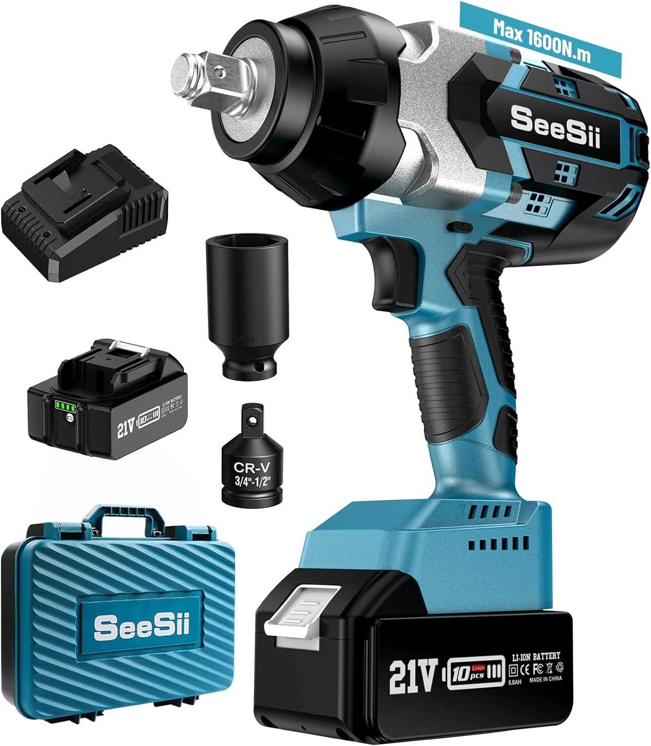 

Seesii Cordless Impact Wrench, 1180Ft-lbs(1600N.m) High Torque Impact Gun 3/4" Brushless Impact Wrench w/ 5.0Ah Battery