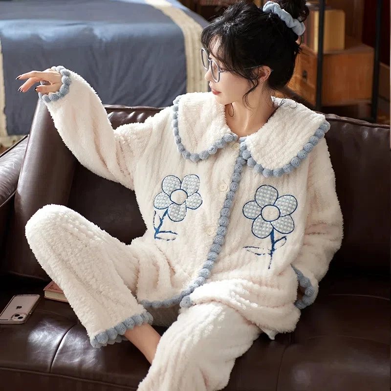 Warm Women Pajamas Sets Winter Lady Long Sleeve Shirt+Pants Home suit Flannel Thick Pijama Female set Pijama Feminino
