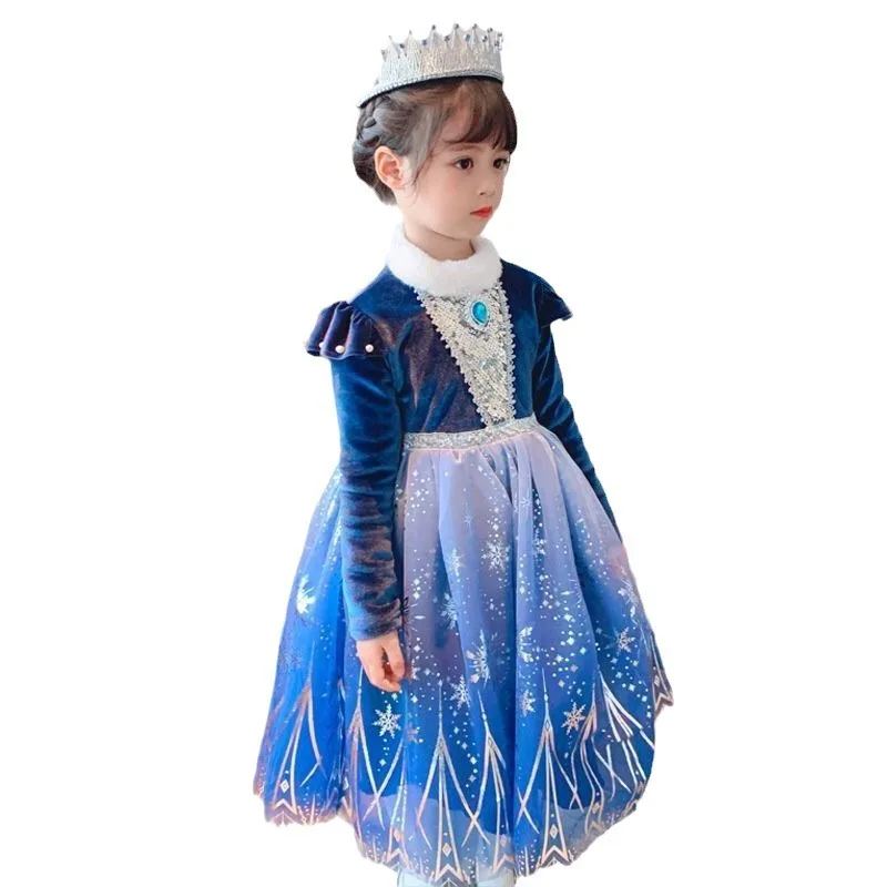 

Cartoon Snow Character Princess Cosplay deluxe navy sequins Dress Costume Halloween Girl Carnival Party