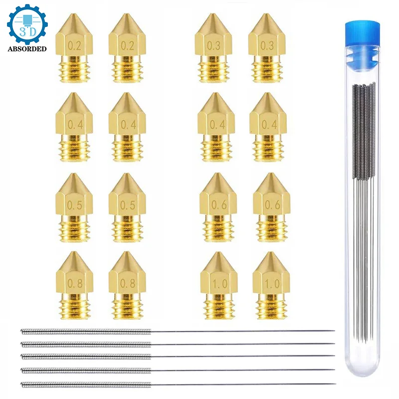 

16PCS Premium MK8 Brass Nozzle with 10PCS Cleaning Needle for 1.75MM CR10 CR10S Ender-3 KP3S PCB Bit Drill 3D Printer Part