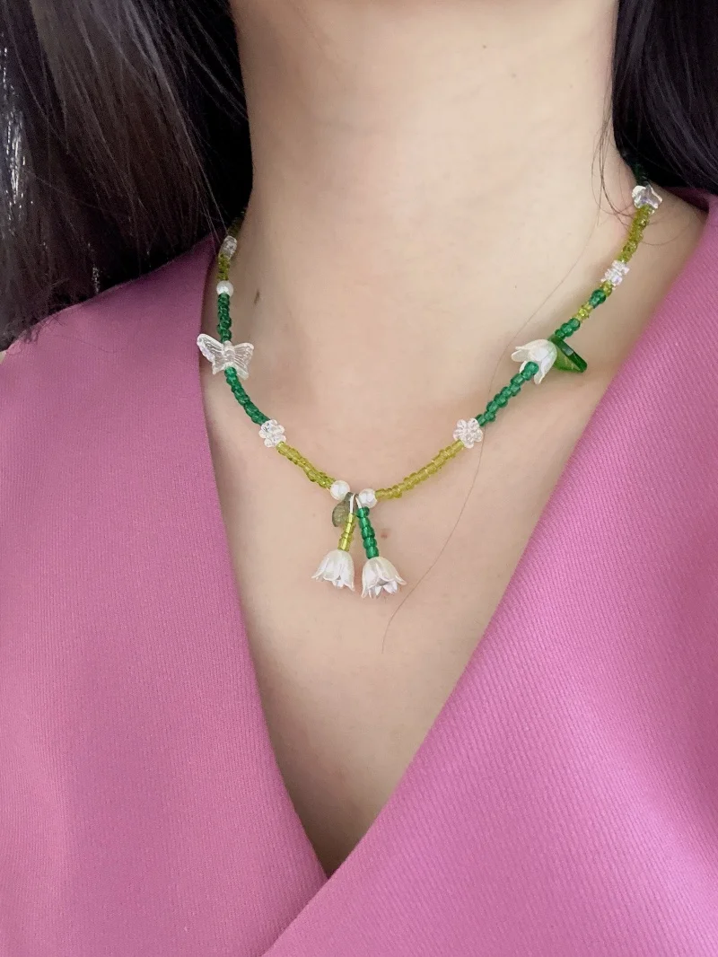 Korea Neue Grün Kristall Perlen Halskette Süße Glasierte Blume Schlüsselbein Kette Halskette für Frauen Mädchen Fashion Party Schmuck Geschenke