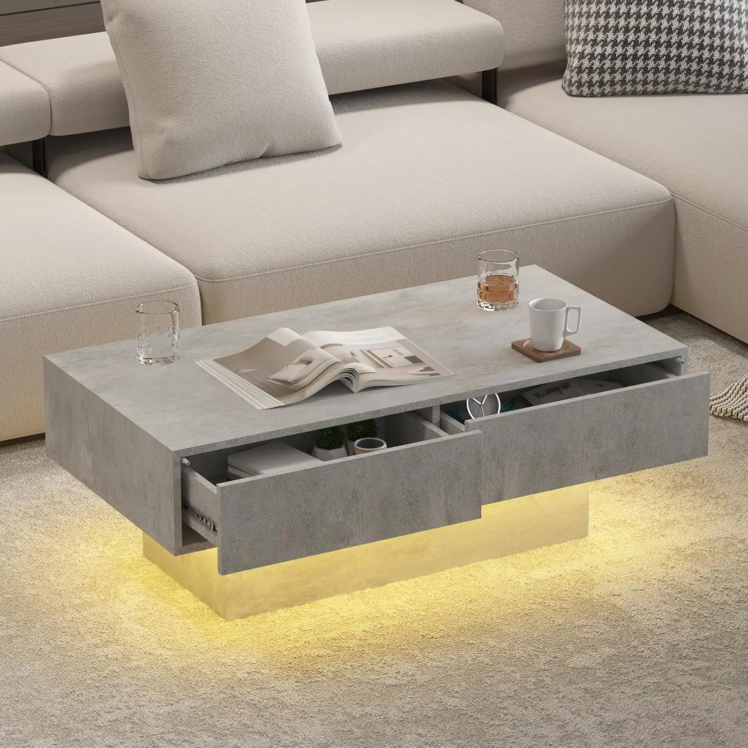 LED Coffee Table with Storage, Rectangular Center Table for Living Room, Modern High Glossy Farmhouse Coffee Table with16 Colors 5