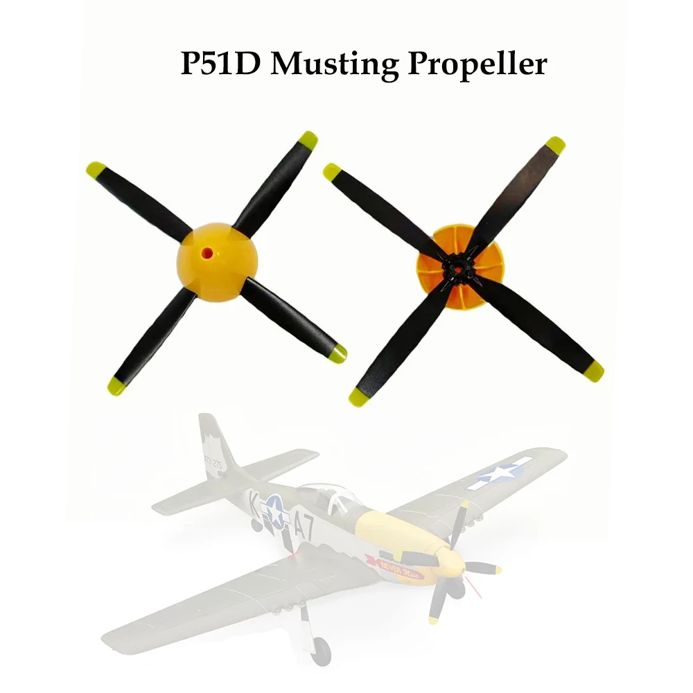 Das Zubehör für das Sayzon P51D Musting RC-Flugzeug (510 mm Spannweite) umfasst einen Propeller und ein rotes/gelbes Fahrwerk.