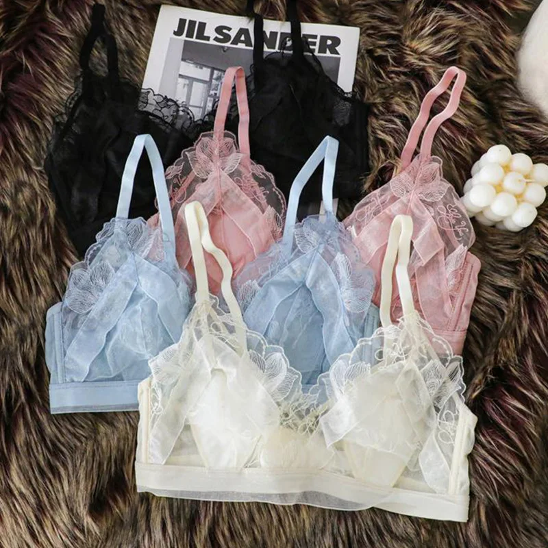

Ultra-thin rear three-row buckle bra ladies push up wirefree embroidery lace crystal cup bralette underwear set women linegrie