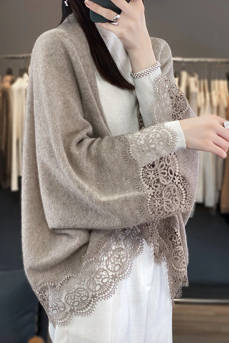 Knitted Tops Popular Lace Edge Wool Knitted Shawl Spring Autumn Thin Women Soft Skin-friendly Breathable Fashionable Cardigan