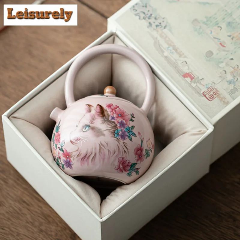 Pink Ru Kiln Flower Cat Lifting Handle Teapot Traditional Tea Infuser Pot Tea Maker Kettle With Strainer Tea Services Gift Craft