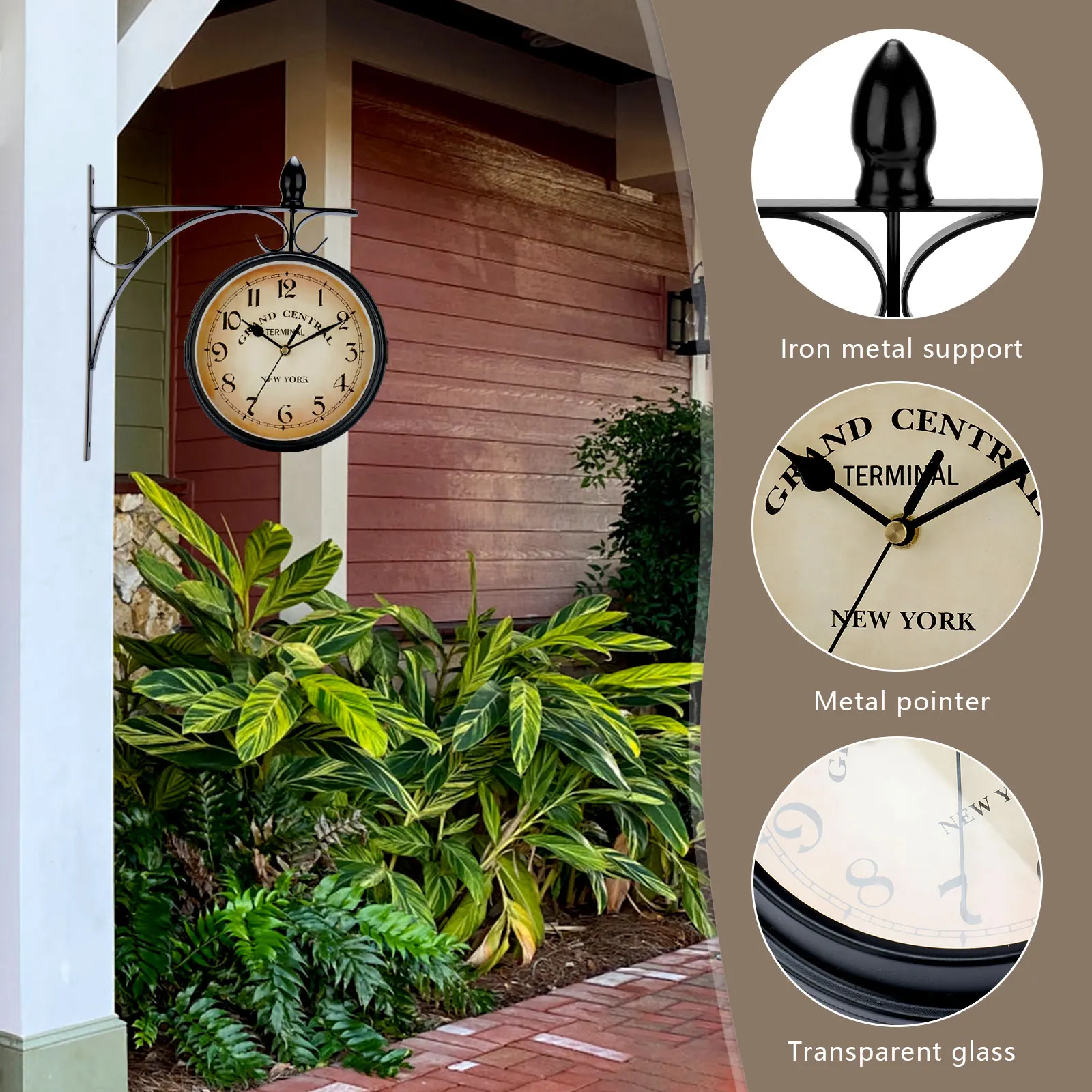 Double Sided Train Station Waterproof Wall Clock For Garden Retro Wrought Iron Metal Wall Clock Silent Indoor Outdoor Decoration 4