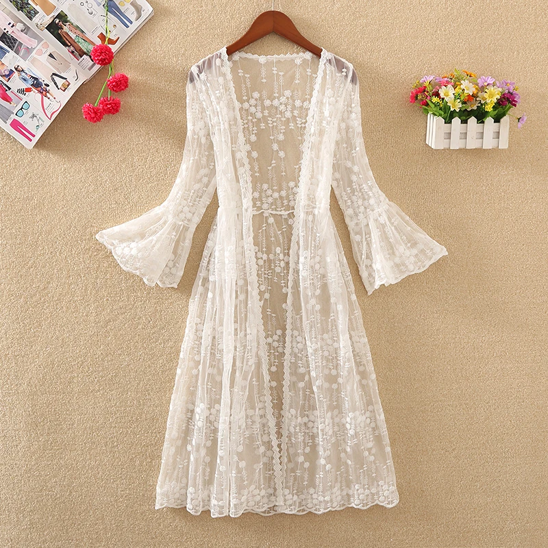 Long Cardigan Beach Cover Up 2023 Summer Blouses For Women Woman V Neck Shirt Top Lace Blusas Femininas Elegant Sunproof Outwear 5