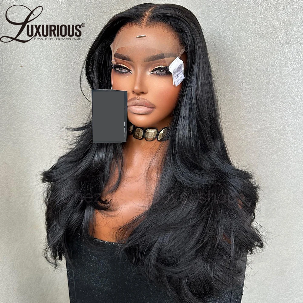 Glueless Pre-Cut Lace Closure Wig Human Hair Blow-out Classic Layered Human Hair Wig 360 Full Lace Natural Black Color