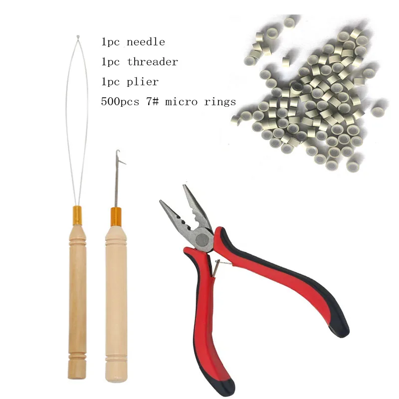 Hair Extensions Beads Tools Kit Extensions Micro Pulling Needle Loop Threader 500 Pieces Silicone Lined Micro Rings hair extensions tools