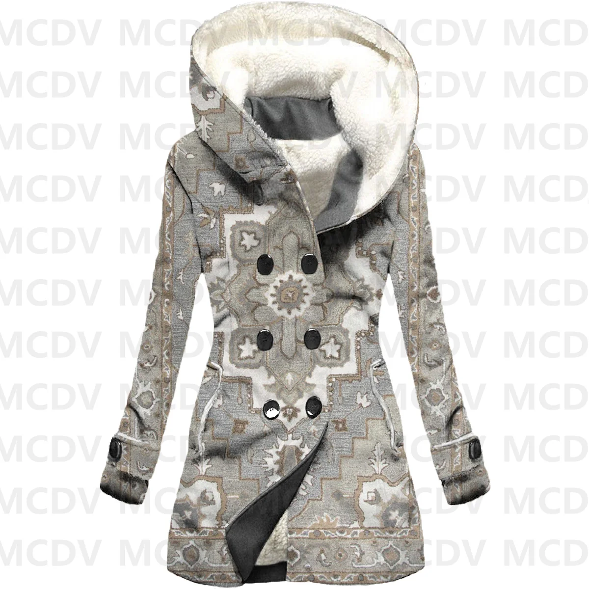 Retro 3D Printed Fleece Hooded Cloak Women Thick Warm Coat Women's Winter Warm Overcoat Casual Clothes 07
