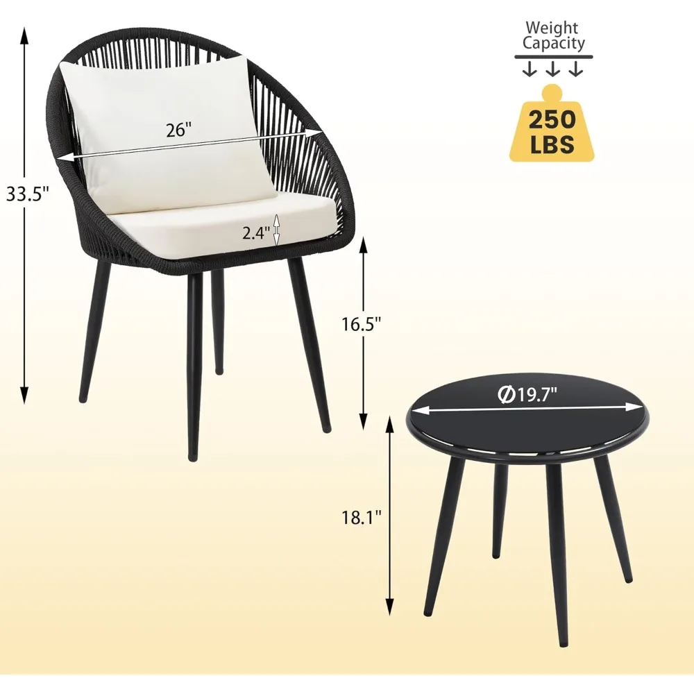 All-Weather Woven Rope Chair Bistro Set with Cushions and Side Table for Outdoor Decks and Balconies