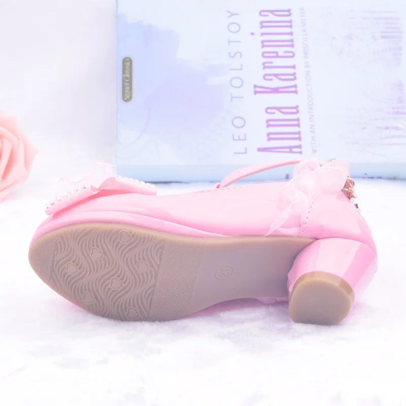 Children High Heel Princess Elegant Dance Shoes For Girls Child Wedding Leather Pink Kids Mary Jane Louboutin Female Party Shoes