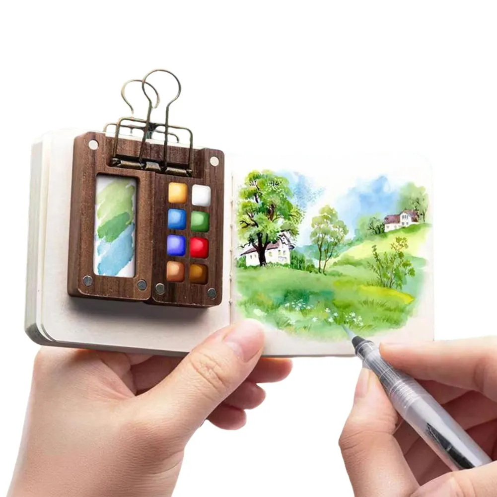 Travel Paint Palette Pocket Artist Watercolor Set with Clip Portable Watercolor Set Wooden Grid Paint Box Gift for Kids