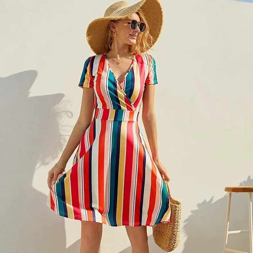 

Women 2023 Summer Casual Elegant Holiday Dresses For Women Sexy Deep V Neck Short Sleeve Stripe Print Boho Dress