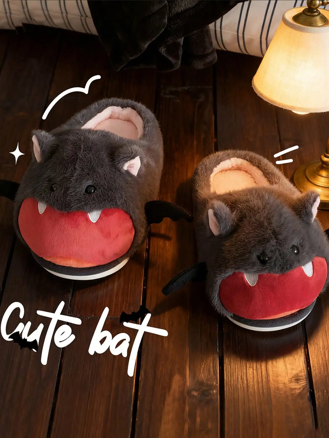 Damen-Hausschuhe aus Fell, lässig, niedlich, Fledermaus-Design, dunkelgrau, für den Winter, rutschfest, warm, weiche Sohlen, bequem, für Zuhause, für Damen, neu – Detail 1