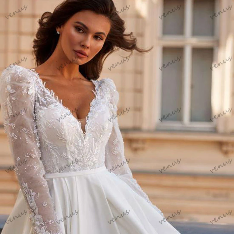 Elegant Wedding Dresses A-Line Satin Bridal Gowns Lace Appliques Sexy Robes Deep V-Neck Vintage Vestidos De Novia Customized 3