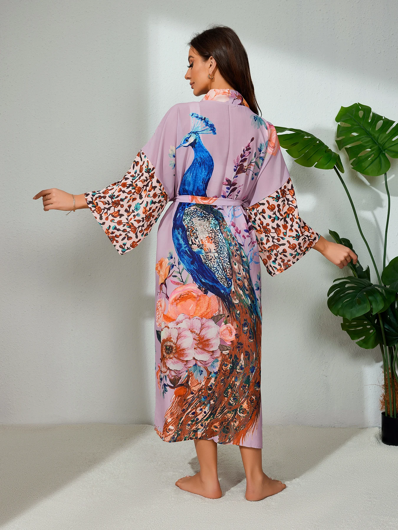 Peocock Printed Beach Cover Ups Kimono Summer Self Belted Women Wrap Dresses Bohemian Dresses Holiday Bathing Suits