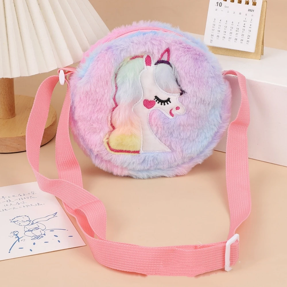 Kawaii Unicorn Bag For Girls Plush Shoulder Bag Children Crossbody Bags Mini Round Messenger Bag Kid Keys Coin Purse Small Pouch