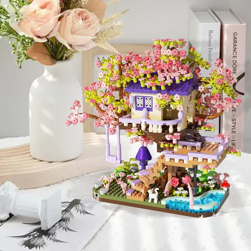 DIY Sakura Treehouse Building Blocks Set Diy Cherry Blossom Bricks Tree Model Ornament Romantic Christmas Gift for Girlfriend