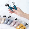 Baby Feeding Solid Food Spoon Fork Set BPA Free Silicone Handle Cartoon Bear Stainless Utensil Children's Tableware 4
