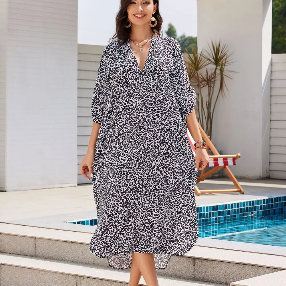 Fashion V-Neck Summer Sunscreen Smock Long Loose Beachwear Shirt Bathing Suit Casual Bikini Cover-Ups for Women 3