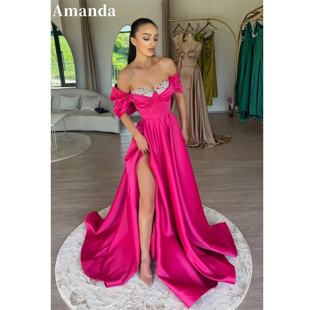 Amanda 2024 Sequins On Chest Vestido De Novia Sexy Off Shoulder A-line Prom Dress 2024 Fuchsia Side Split A-line Evening Dress