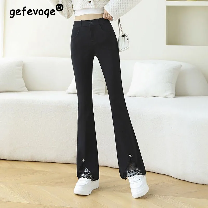 Black Lace Spliced High Waist Flare Pants Office Lady Metal Three-dimensional Decoration High Strecth Button Ankle-length Pants autumn winter new plaid spliced ankle length pants women panelled sequined high waist three dimensional decoration pencil pants