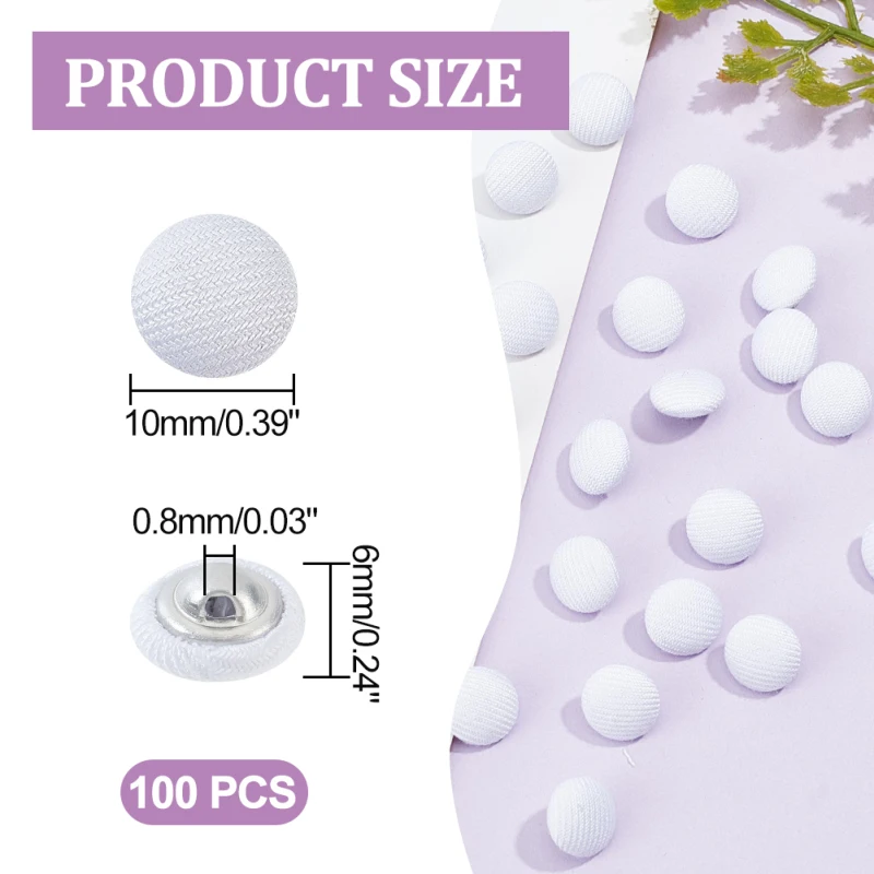 100 Pcs Fabric Covered Button, 10mm White Fabric Metal Shank Buttons 1-Hole Fabric Cloth Covered Round Buttons Crafting Sewing 3